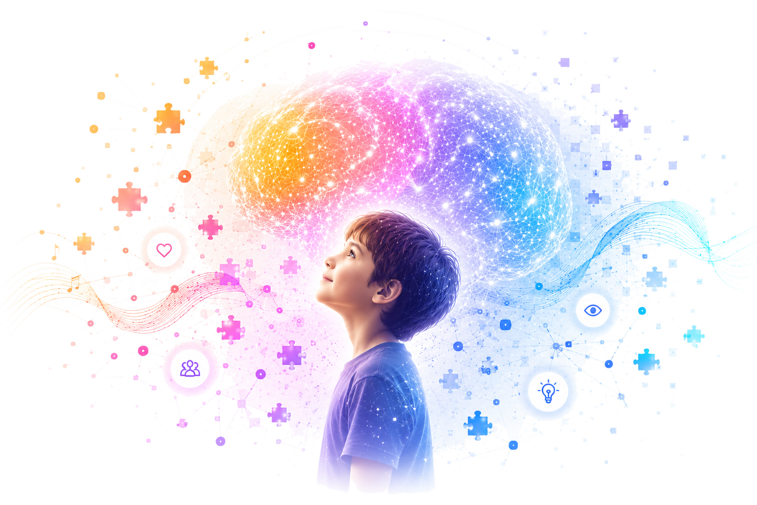 Un niño mira hacia arriba un cerebro representado como una red de conexiones de colores